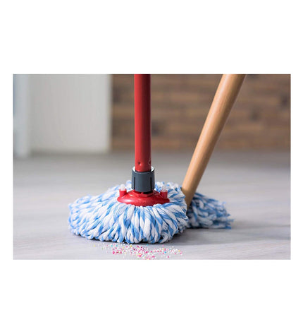 Vileda white cotton mop for household cleaning, with absorbent cotton strands and ergonomic handle for effective floor cleaning.