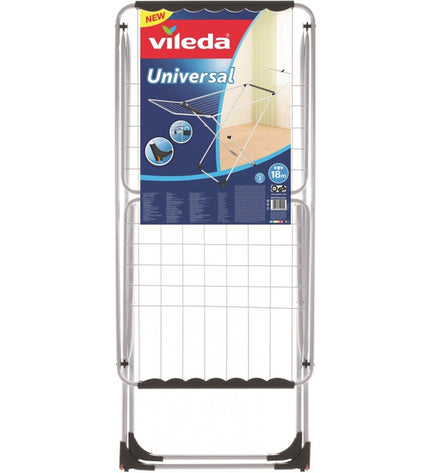 Vileda X-Legs Universal gray steel clothes drying rack with 18-meter drying space, suitable for home laundry and storage.