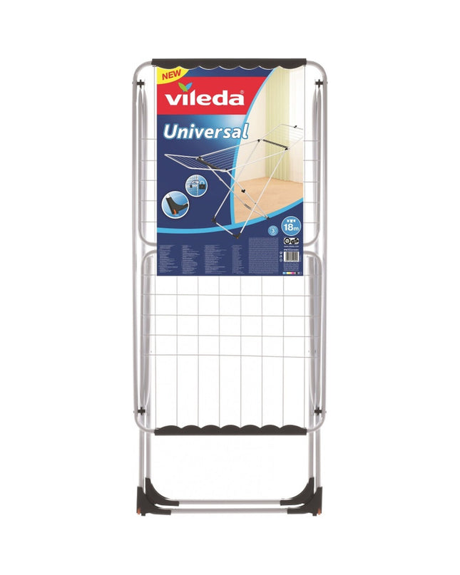 Vileda X-Legs Universal gray steel clothes drying rack with 18-meter drying space, suitable for home laundry and storage.