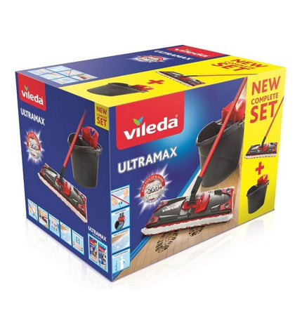 Vileda Ultramax Microfiber wringable mop with dual-compartment bucket for household cleaning and mopping tasks.