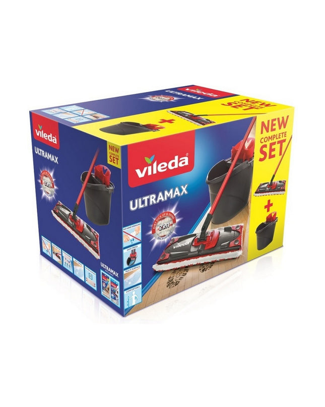 Vileda Ultramax Microfiber wringable mop with dual-compartment bucket for household cleaning and mopping tasks.