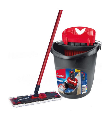 Vileda Ultramax Microfiber wringable mop with dual-compartment bucket for efficient home cleaning and floor mopping.