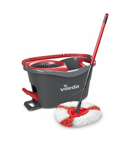 Vileda Turbo Easywriting mop with bucket, featuring a polypropylene mop head and ergonomic handle for efficient cleaning.