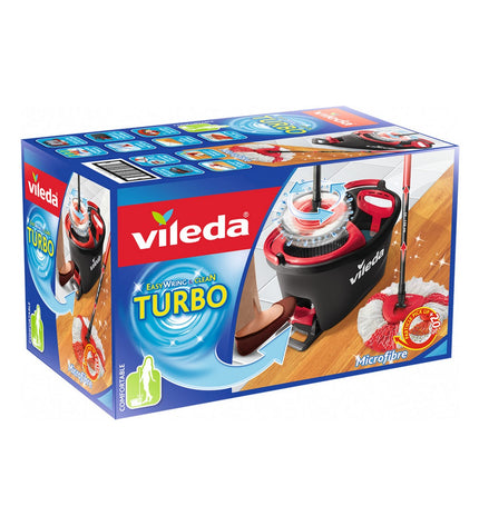 Vileda Turbo Easywriting mop with bucket, featuring a polypropyleen bucket and mop head for efficient home cleaning and maintenance.
