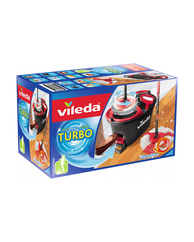 Vileda Turbo Easywriting mop with bucket, featuring a polypropyleen bucket and mop head for efficient home cleaning and maintenance.