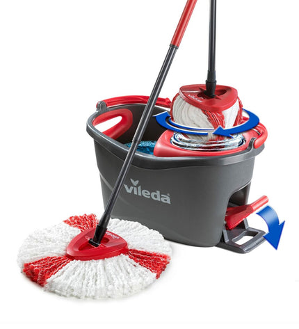 Vileda Turbo EasyWriting mop with bucket for home cleaning, featuring a polypropyleen mop head and ergonomic design.