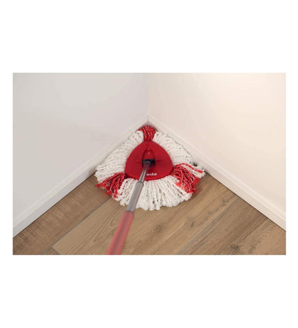Vileda Turbo Easywriting mop with bucket for cleaning, featuring a polypropylene mop head and ergonomic design in a home cleaning setting.
