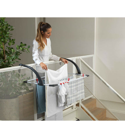 Vileda Sunset CJ6 balcony clothes drying rack in metal and plastic, white, with 10-meter drying space, dimensions 110x56x28 cm