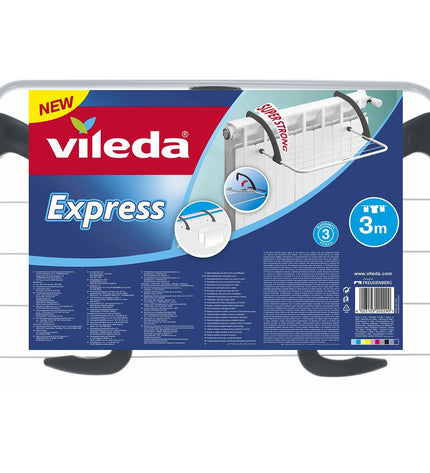 Vileda Express steel laundry drying rack in white, ideal for household clothes drying and storage.