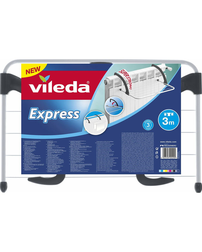 Vileda Express steel laundry drying rack in white, ideal for household clothes drying and storage.