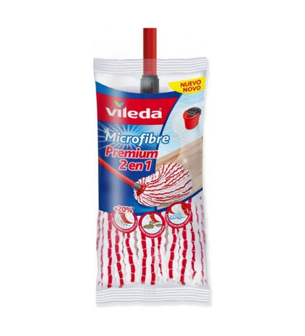 White Vileda microfiber floor mop for household cleaning, suitable for home and care tasks, with a textured cleaning surface.