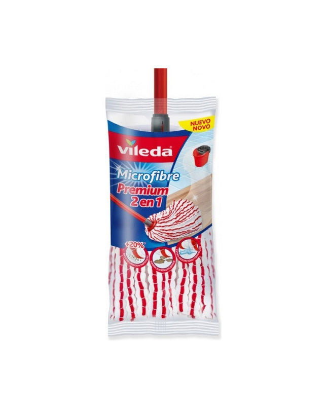 White Vileda microfiber floor mop for household cleaning, suitable for home and care tasks, with a textured cleaning surface.