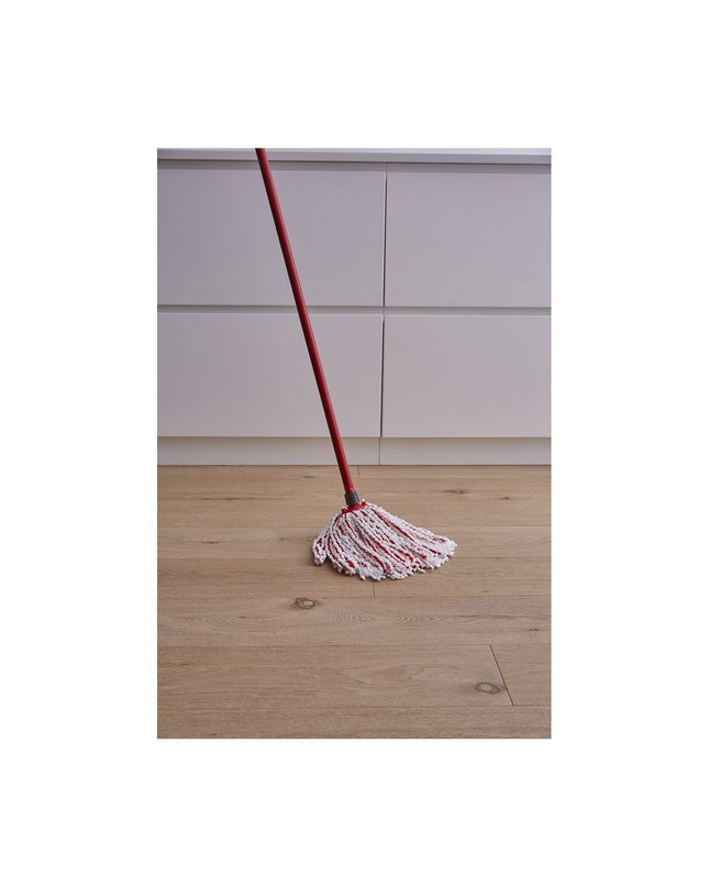 White Vileda microfiber floor mop for household cleaning, designed for effective dirt and dust removal on floors.