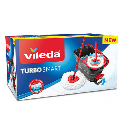 Vileda Turbo Smart mop with bucket for floor cleaning, featuring a lightweight design and easy wringing system.