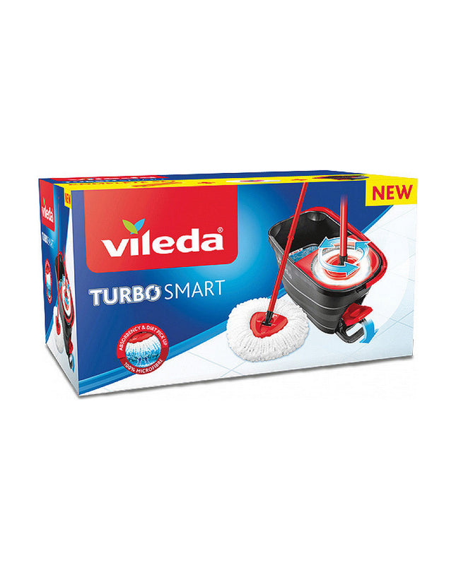 Vileda Turbo Smart mop with bucket for floor cleaning, featuring a lightweight design and easy wringing system.