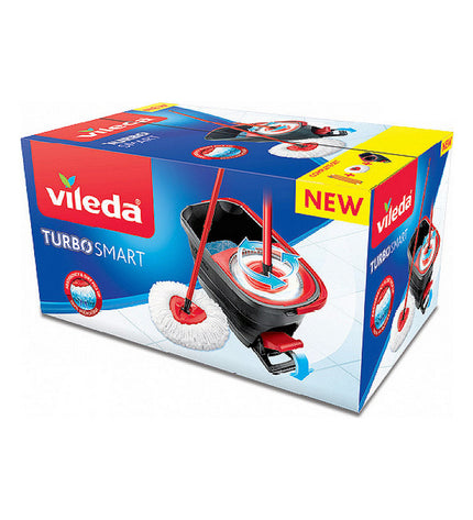 Vileda Turbo Smart mop with bucket for floor cleaning, designed for home and cleaning tasks, featuring a blue mop head and bucket.