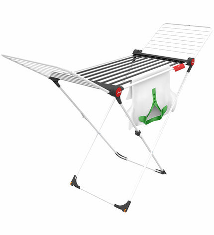 Vileda Soft Care laundry drying rack in white with multiple bars, measuring 216 x 56 x 128 cm, for household laundry organization.