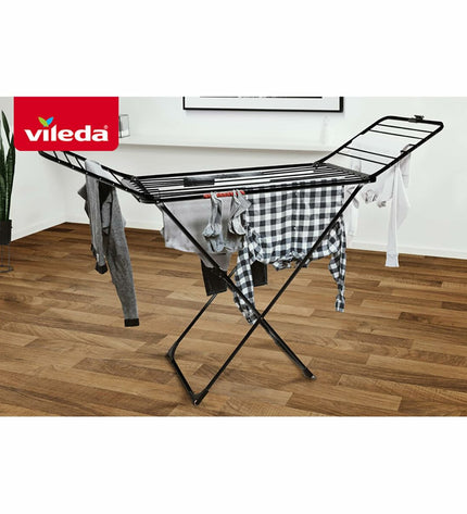 Vileda Extra Black folding clothes drying rack in black, measuring 174 x 56 x 116 cm, for household laundry organization.