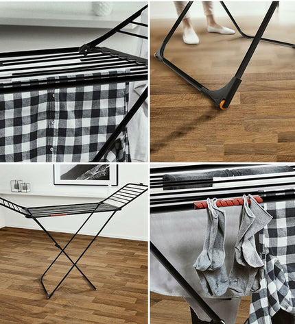 Vileda Extra Black foldable clothes drying rack with multiple bars for hanging laundry, measuring 174 x 56 x 116 cm.