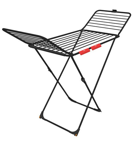 Vileda Extra Black foldable laundry drying rack with multiple bars for clothes drying, measuring 174 x 56 x 116 cm.