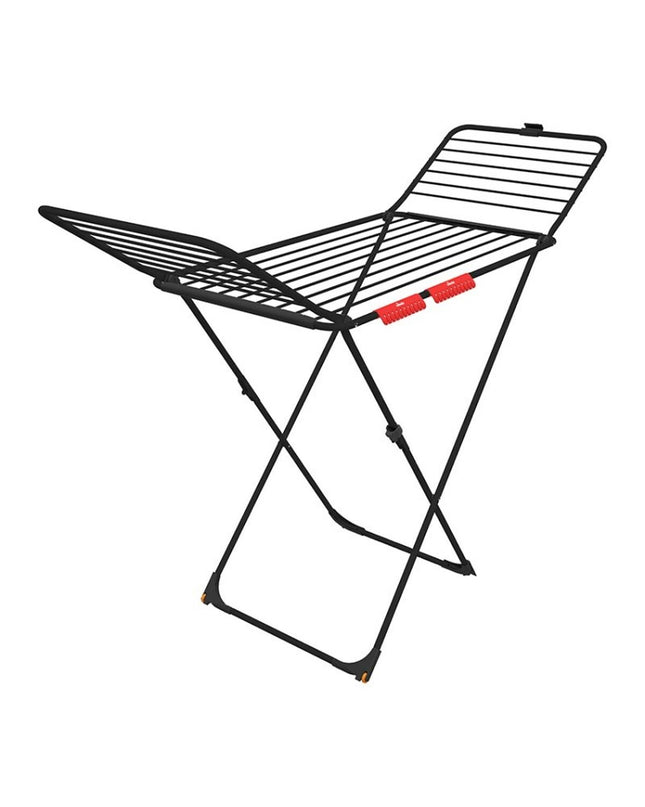 Vileda Extra Black foldable laundry drying rack with multiple bars for clothes drying, measuring 174 x 56 x 116 cm.