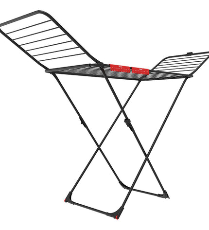 Vileda Extra Black folding clothes drying rack with multiple bars, compact for household drying and storage.