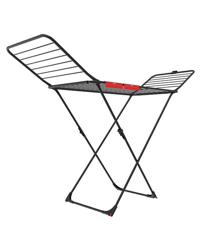 Vileda Extra Black folding clothes drying rack with multiple bars, compact for household drying and storage.
