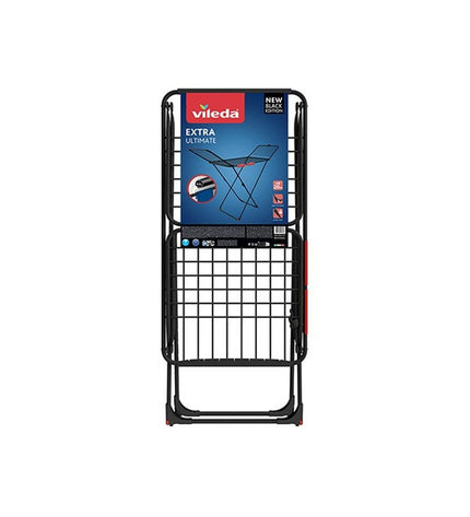 Vileda Extra Black foldable laundry drying rack with multiple bars, compact design, black metal frame for household drying storage