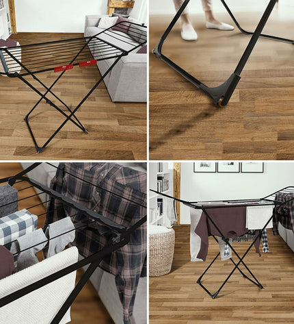Vileda Universal Black folding clothes drying rack in a home laundry room with clothes hanging on it.
