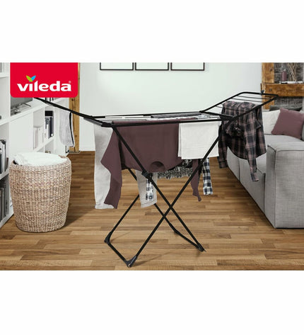 Vileda Universal black folding clothes drying rack with 180 x 55 x 93 cm dimensions for home laundry storage.