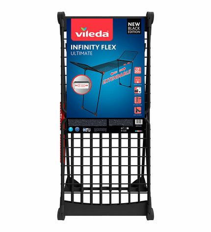 Vileda Infinity Flex Ultimate black laundry drying rack with steel frame, 30m drying space, extendable, 304x56x128 cm for home use