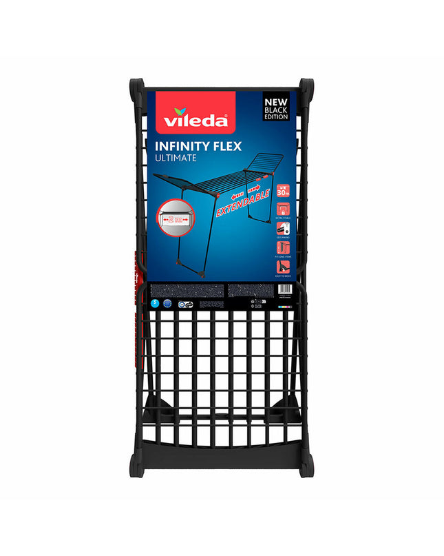 Vileda Infinity Flex Ultimate black laundry drying rack with steel frame, 30m drying space, extendable, 304x56x128 cm for home use