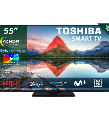 Toshiba 55-inch 4K Ultra HD LED Smart TV displaying vibrant video content, sleek black frame, and screen details.