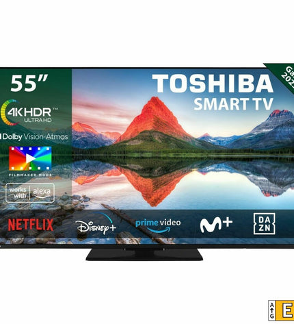 Toshiba 55UV3463DG 55-inch 4K Ultra HD LED Smart TV displaying vibrant video content with slim bezel design