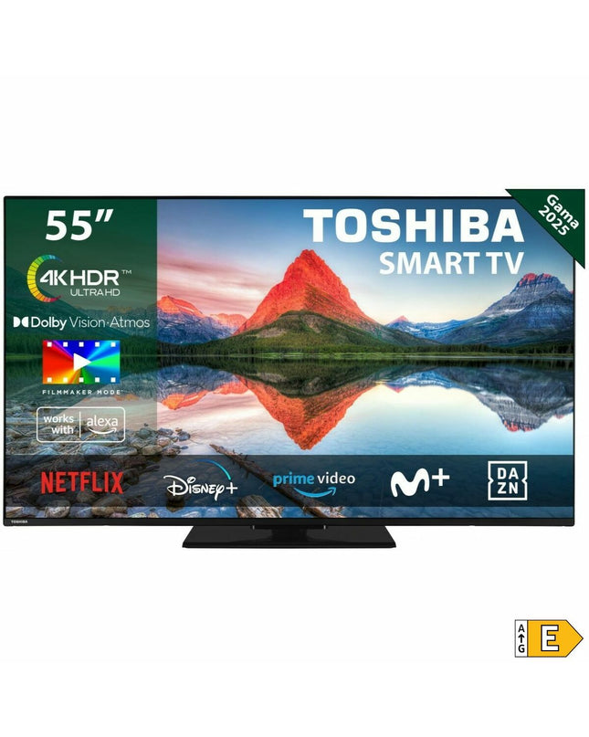 Toshiba 55UV3463DG 55-inch 4K Ultra HD LED Smart TV displaying vibrant video content with slim bezel design