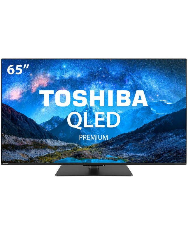Toshiba 65-inch 4K Ultra HD Smart TV displaying vibrant colors and a sleek black frame in a modern living room setting.