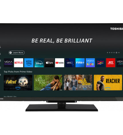 Toshiba 32-inch LED HD Ready Smart TV displaying a colorful screen, with a sleek black bezel and slim design.