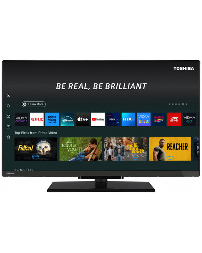 Toshiba 32-inch LED HD Ready Smart TV displaying a colorful screen, with a sleek black bezel and slim design.