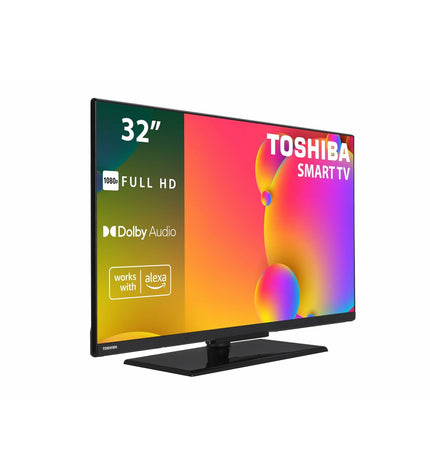 Toshiba 32-inch LED Smart TV displaying a vibrant screen, sleek black frame, and thin bezels.