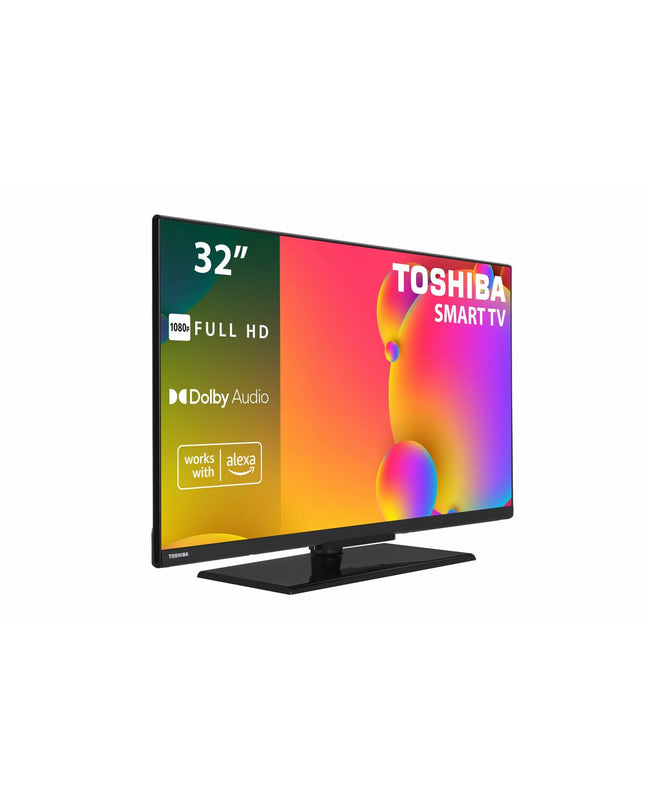 Toshiba 32-inch LED Smart TV displaying a vibrant screen, sleek black frame, and thin bezels.