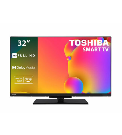 Toshiba 32-inch LED Smart TV displaying a colorful screen, sleek black frame, and modern design for home entertainment.