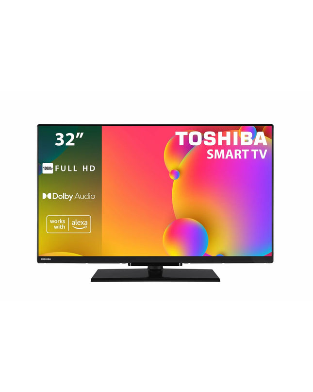 Toshiba 32-inch LED Smart TV displaying a colorful screen, sleek black frame, and modern design for home entertainment.