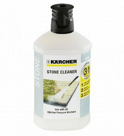 Kärcher RM611 cleaning detergent for stones and swimming pools, shown in a bottle with label for garden and pool maintenance.