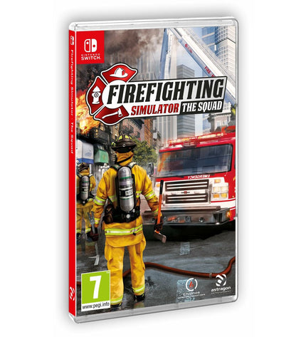 Nintendo Switch firefighting simulator game by Astragon showing a gameplay scene from Firefighting Simulator: The Squad.