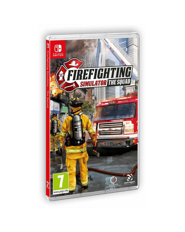 Nintendo Switch firefighting simulator game by Astragon showing a gameplay scene from Firefighting Simulator: The Squad.