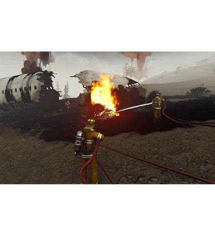 Switch firefighting simulator game by Astragon showing a gameplay scene with firefighters and fire trucks on a colorful screen.
