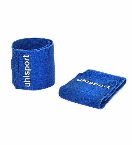 Blue Uhlsport football shin guard holder for soccer, one size, designed for secure and comfortable fit during matches and training.