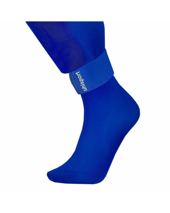 Blue Uhlsport football shin guard holder for sport and outdoor use, one size, shown with adjustable straps.