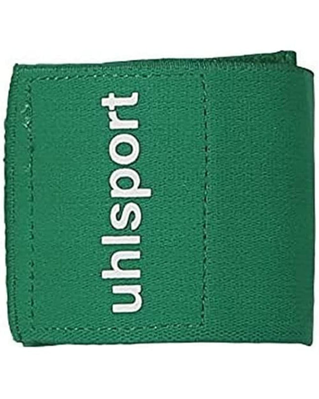 Green Uhlsport football shin guards with fastening straps, designed for sport and outdoor soccer protection.