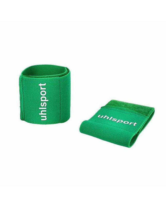 Green Uhlsport football shin guards with fastening support, designed for sports and outdoor football activities.